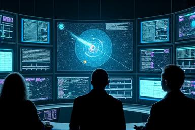 Schermi digitali mostrano complesse analisi di dati orbitali e modelli predittivi