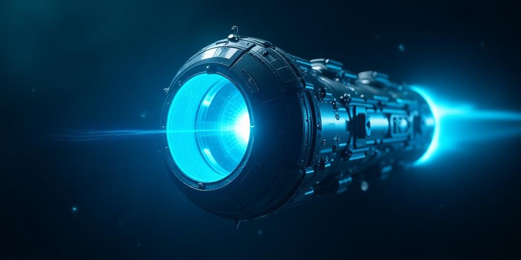 Motore ionico futuristico con bagliore energetico blu su sfondo scuro con stelle