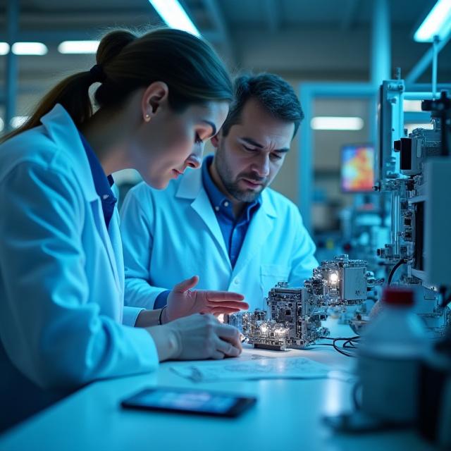 Ingegneri concentrati che lavorano su complessi componenti satellitari all'interno di un laboratorio a Roma